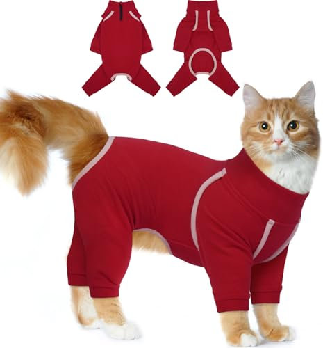 Katzinst Katzenpullover,Katzenbekleidung aus Klebrigem Fell mit Reißverschlüssen,Katzenpyjamas, 4-beinige Katzenbekleidung, Vorbeugung von Haarausfall,Katzenbody Langarm, (Burgundy,XS)