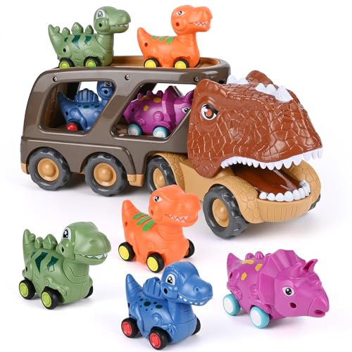 Weinsamkeit Jouet Camion Dinosaure Enfant avec Sons & Lumières de Rugissement, Jouet Garage Voiture pour Enfants Camion Transporteur (Marron)