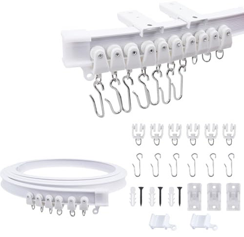 VirtuGro 2.5M/8.2FT Ceiling Curtain Track Flexible Bendable Curtain Rail Curved Curtain Tracks and Fittings with S Hooks for Bay Window, Room Divider, Oval Shower, Bathroom, RV, Shower Corner, White