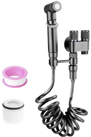 Ducha Higienica para WC, Una Entrada y Dos Salidas, Salidas Dobles e Interruptores Dobles, Soporte Giratorio de 360°, Grifo Water con Manguera de 1,4 m, Adecuado para Baños y Aseos (negro)