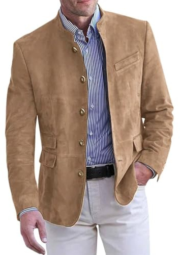 Onsoyours Blazer Décontracté à Col Montant pour Homme avec Poche à Revers et Manches Longues en Daim Vintage Décontracté Slim Bouton Costume d'affaires Blazer Veste