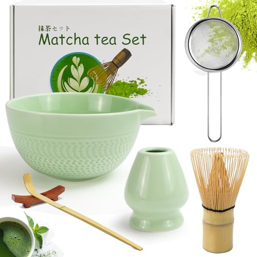 Rierousy Matcha kvast set med 6 delar, Matcha-skål med pip, matcha visp, matcha whisk, keramik matcha teset med sil sked av rostfritt stål (grön)