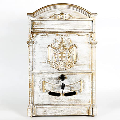 HCZKIUJY Wall Mounted Post Box, Wall Mount Mailbox Antique Letterbox, English Style Wall Mount Cast Aluminum for A4 Letters Design Lockable Postbox (White 2)