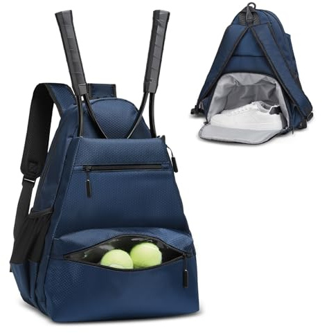 SUIKIHUM Zaino da tennis per 2 racchette, borsa da tennis impermeabile con scomparto per scarpe, tasca bagnata/asciutta, gancio per recinzione, per tennis, pickleball, badminton, blu