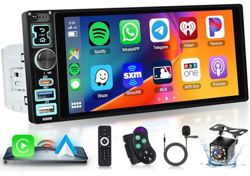2025 Hodozzy Radio Coche 1 DIN con Carplay Inalámbrico Android Auto con Pantalla de 6.8 Pulgadas, Autorradio con Pantalla Táctil Bluetooth/FM/USB/USB-C/AUX/TF+Cámara Trasera