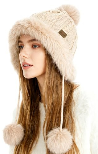 S.ROMZA Pelliccia Sintetica Cappello a Maglia da Donna con Pompom Caldo Cranio cap Proteggere l'orecchio Inverno Berretto Cappello per Le Donne (Cachi Chiaro)