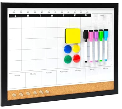 Dry Erase Calendar Whiteboard for Wall, 4-in-1 Magnetic Monthly Whiteboard with Wooden Framed, 17 x 13, Reusable Monthly Combination Planner Board for Home, Office, Classroom