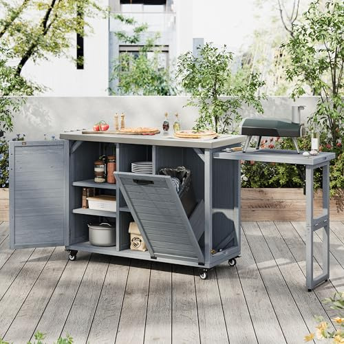 LUMISOL Outdoor Grill Cart with Stainless Steel Top, Movable Outdoor Kitchen Island with Foldable Grill Table, Rolling Kitchen Cart with Trash Can Storage, Outdoor Prep Table for Parties, Grey Blue