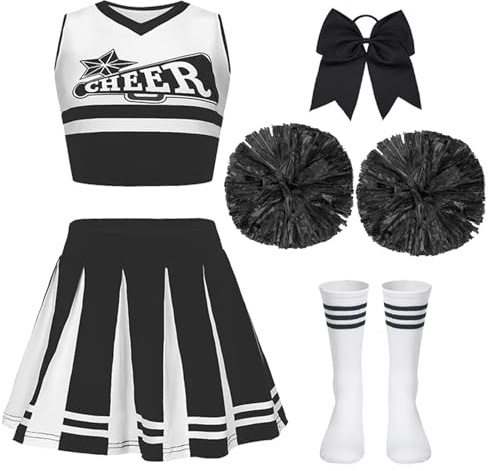 PIXUYE Deguisement Pompom Carnaval Girl Costume Cheerleader Fille avec Barrette Nœud Bâton de Majorette Pompons et Chaussettes, Cheerleader Uniforme pour Halloween Carnaval Fêtes,Black 130
