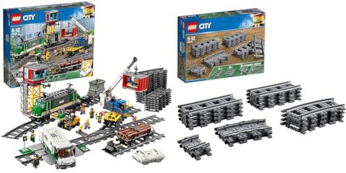 LEGO 60198 City Cargo Train Set Battery Powered Engine for 6 Year Old, RC Bluetooth Connection, 3 Wagons, Tracks and Accessories & 60205 City Tracks 20 Pieces Extention Accessory Set