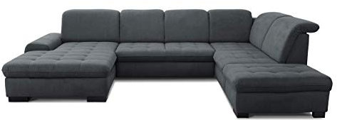 CAVADORE Wohnlandschaft Lexi / Große U-Form mit XXL-Longchair links und Kopfteilverstellung / Leichte Fleckenentfernung dank Soft Clean / 329 x 82-99 x 224 / Flachgewebe: Dunkelgrau