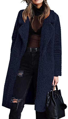 Angashion Women's Fuzzy Fleece Lapel Open Front Long Cardigan Coat Faux Fur Warm Winter Outwear Jackets Navy M