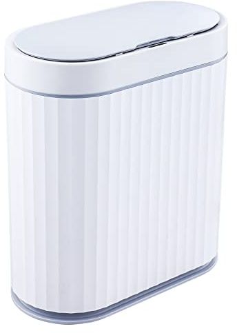 ELPHECO Bathroom Trash Can with lid - 2.5 Gallon Waterproof Sensor Trash Bin, 10 Liter Motion Sensor Trash Can, Slim Garbage Bin Bathroom Decor White with Grey Trim