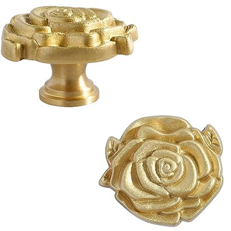 Kewmayer Forme de Rose Poignee de Porte Laiton Massif,2 Boutons de Meuble Dorés,Boutons de Meubles en Or,Poignées Dorées de Tiroir,pour Portes D'Armoire et Tiroirs de Commode