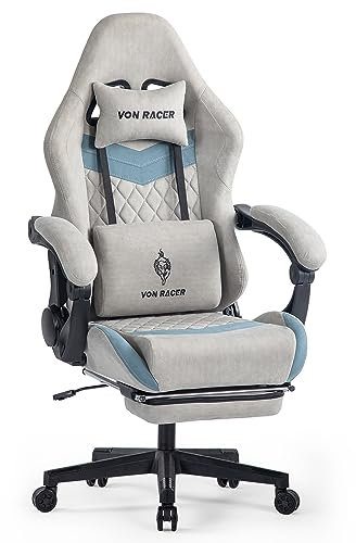 Fantasylab Gaming Stuhl Stoff Gaming Chair Ergonomischer Gamer Stuhl 150 kg Belastbarkeit Bürostuhl mit Fußstütze, Grau
