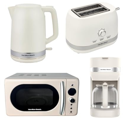 Hamilton Beach Kitchen Set, Kettle and Toaster Set, Ella, 1.7L Electric Kettle, 2 Slice Toaster, Microwave, 20L Retro, Filter Coffee Machine, 1.5L, Latte - ELLACLB