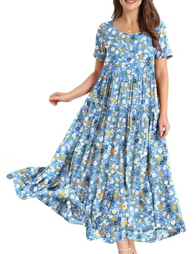 YESNO Women Short Sleeve Boho Summer Maxi Dress with Pockets 3XL EJF CR415