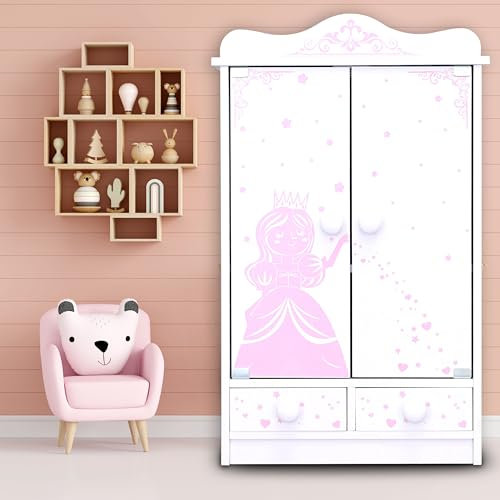 habeig XXL Kinderschrank Kleiderschrank 52 cm hoch Wandschrank Hängeschrank weiß 2 Türen Puppenschrank (Rosa/Weiß #226-833)