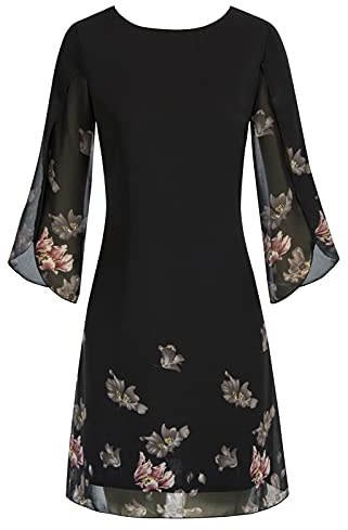 GRACE KARIN Robe élégante en mousseline de soie pour femme - Manches 3/4 - Robe de soirée ample - Robe de cocktail, noir/rose, XL