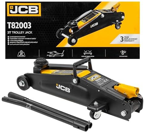 JCB Wagenheber 2t hydraulisch Hydraulischer Rangierwagenheber mit 130–380 mm Hubhöhe aus Stahl mit 360 Grad Rollen Gummiauflage und klappbarem Griff für Auto SUV Reifenwechsel Garage und Werkstatt