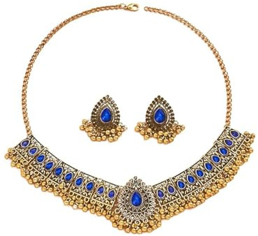 Set di gioielli da sposa indiani tradizionali bohémien per donne e ragazze, color oro antico, ossidato, etnico, per feste, balli studenteschi, collana e orecchini con nappa, girocollo e cristallo