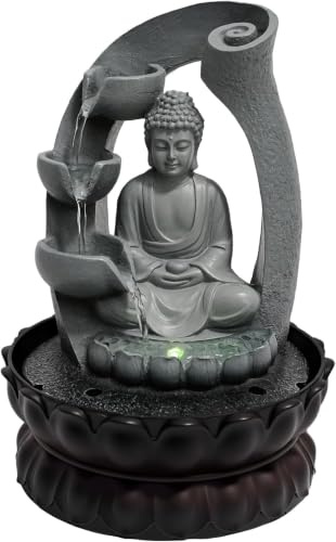 WOLEGM Fontana da interni con Buddha, 21 x 28 cm, fontana da tavolo con illuminazione a LED e pompa silenziosa per la decorazione della casa, case da tè, club, locali commerciali