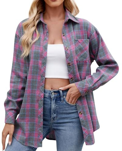 Womens Plaid Shirt Ladies Long Sleeve Button Down Casual Flannel Checked Shirts Basic Loose Check Blouse Top,Purple,M