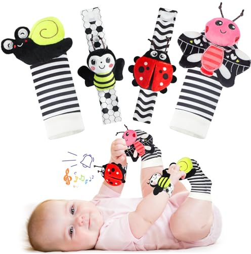 URMYWO Hochet Bébé 0-3 Mois, 4 Pièces Poignets et Chaussettes Jouet et Jeux Éveil Montessori - Stimulation Sensorielle et Motricité Fine - Cadeau Parfait pour Bébés 0 3 6 9 Mois (Noir et blanc)