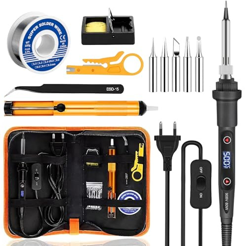Fer à Souder Electronique de Precision 80W avec Controle Température 180-500°C, Kit Soudure Electronique 13-en-1 avec 5 Pointes, Fil à Etain, Pompe à Dessouder et Sac PU