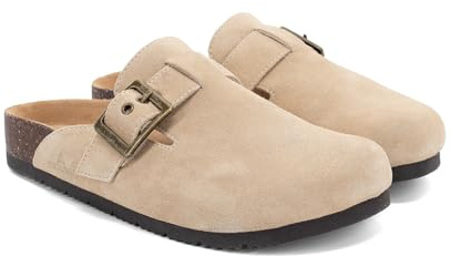 Staheekum Womens Crescent Suede Clog Slippers – Slip-On Mules with Microsuede Lining and Defender Water & Stain Repellent, Sand, 10