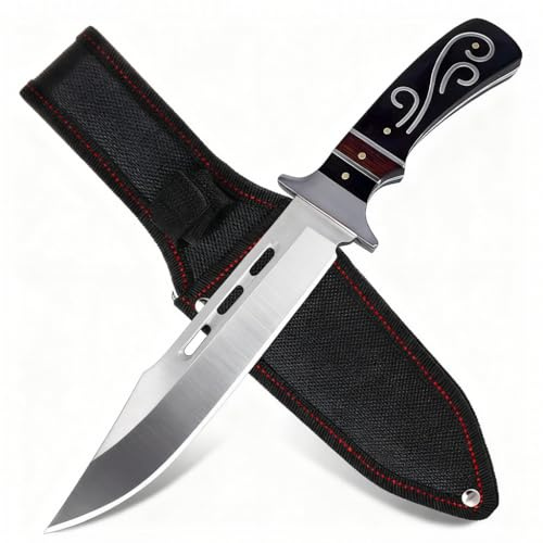 GER-SABER Coltello da Caccia Full Tang 30cm – Lama Skinner con Profilo Californiano Damasco, Impugnatura Corno di Bue, Guarda Decorata in Acciaio, Elegante per Caccia e Outdoor