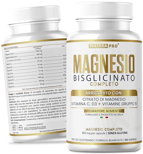 Magnesio bisglicinato capsule 180 | Magnesio bisglicinato puro con vitamine B,C,D | Magnesium glycinate Contro Stress, Affaticamento, Muscoli e qualità del Sonno | Magnesium bisglycinate NUTREA PRO®