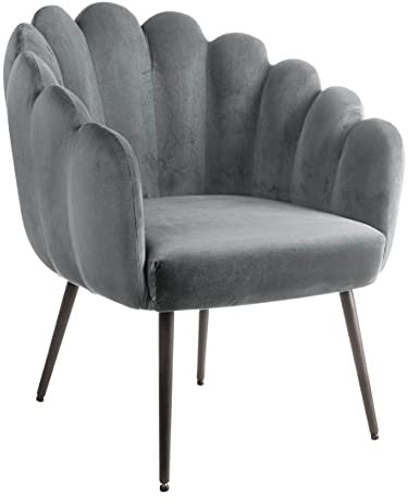 Montemaggi Fauteuil en Velours Rembourré avec Dossier à Coquillage, avec jambes noir, Petit Fauteuil de Chambre à Coucher et Salon, Chaise de salle à Manger, Gris, 64x67x77 cm