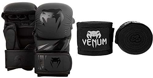 Venum Challenger 3.0 MMA Sparring Handschuhe, Schwarz/Schwarz, L/XL & Erwachsene Bänder Kontact Handgelenk und Armschoner, Schwarz, 4m