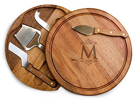 Toscana - a Picnic Time Marca 855-04-512-133-98 - Juego de Tabla de Cortar y Herramientas Personalizadas con Monograma de Iniciales de Acacia Circo para Queso, Madera y Acero Inoxidable, Letra M