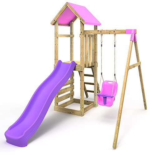 Rebo® Adventure Playset Wooden Climbing Frame, Swing Set and Slide - Rosa Pink | OutdoorToys |Kids' Outdoor Wooden Garden Play Equipment, Children's Jungle Gym