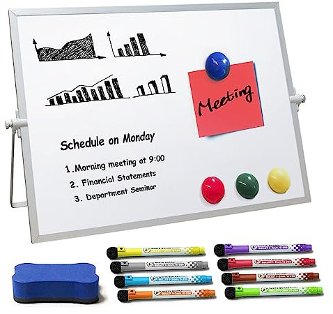 A3 Whiteboard Magnetisch mit Ständer, 40 x 30cm Dry Erase Whiteboard Abwischbar doppelseitig beschreibbar für Schreibtisch mit 8 Stifte, 1 Schwamm, 4 Magnete für Zeichnung in der Schule Home
