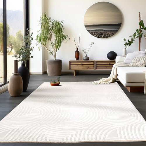 HomebyHome Kurzflor Teppich 200x300 cm Creme - 3D Skandinavischer Stil Modern Boho Wohnzimmer Schlafzimmer Küchenteppich Waschbar