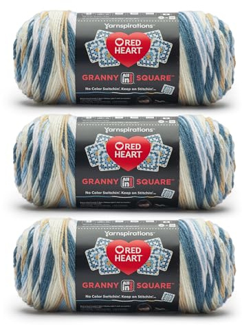 Red Heart All in One Granny Square Garn, blå/creme (Soft Sky) – 3-pack á 250 g – 100% akryl – #4 kamgarn (medium) – 381 meter – stickning/virkning/amigurumi