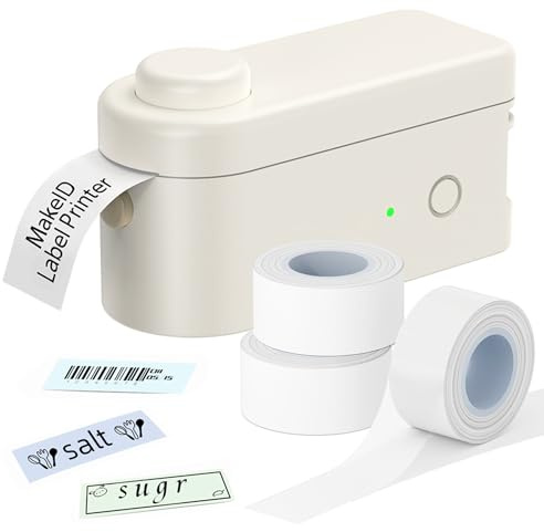 Makeid Étiqueteuse Bluetooth L1, Imprimante Etiquette Autocollante, Mini Imprimante Portable Thermique Compatible avec 3 Rouleux d'Étiquettes, Blanc*2+Transparent*1