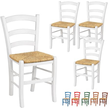 VIRSUS Set 4 Sedie Paesana in Legno con Seduta in Paglia, Misura 43x42x86 cm, Sedia Tradizionale Robusta, per Casa, Cucina, Agriturismo, Ristorante, Made in Italy (Bianco)