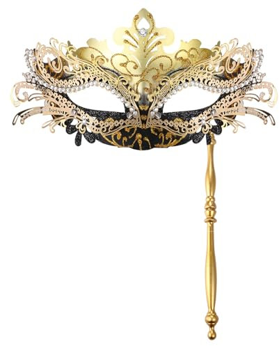 OIDEA Masque vénitien pour femme avec bâton - Strass - Décoration - Mardi Gras - Pour Halloween, carnaval, fête, bal costumé, noir et doré