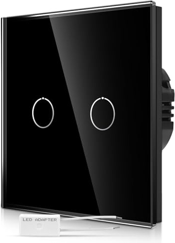 CNBINGO Interrupteur variateur tactile encastré en noir - Double variateur d'intensité avec LED d'état et panneau en verre - Interrupteur mural à 2 voies pour éclairages LED - Interrupteur tactile