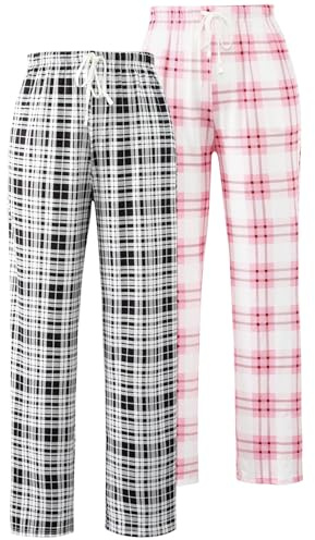 Knuffnee Women Pyjama Bottoms Lounge Plaid Pants Wide Leg Sleep Pant with Pockets 2 Pack Pink P/Black Pl M