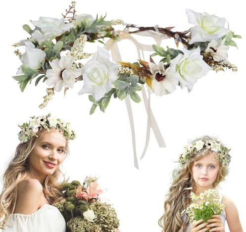 Calkrer Serre-tête avec feuilles et fleurs - Fait à la main - Bandeau de fleurs réglable pour mariée, mariage, festival, fête, couronne de fleurs