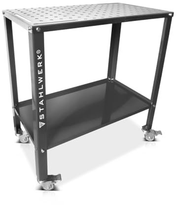 STAHLWERK WT-960 ST - Mesa de soldadura (915 x 457 mm, galvanizada, capacidad de carga de 200 kg, placa perforada D22, patas con recubrimiento en polvo y compartimento)