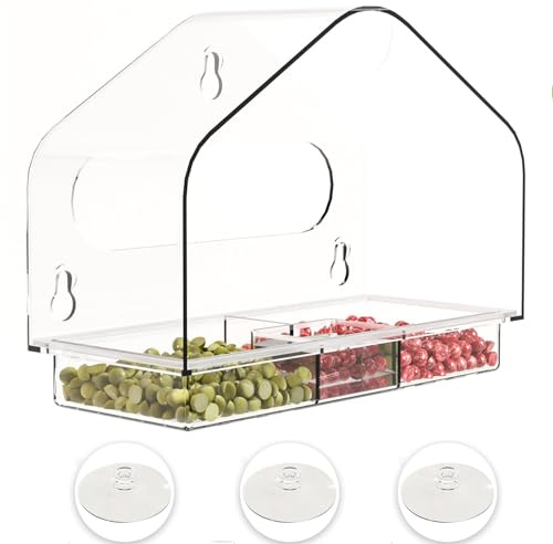 Bhina Comedero para Pájaros Acrílico con Ventosas Fuertes y Orificios de Drenaje Comedero Pajaros Ventana Transparente Alimentador Aves para la Ventana para Pájaros para Jardín al Aire Libre (Square)