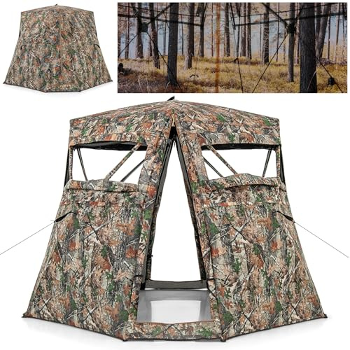 COSTWAY Store de Chasse Portable pour 2 à 3 Personnes, Tente de Chasse Pop-Up Vue Dégagée à 360° avec Sac de Transport 4 Petits Côtés Etendus, Abri de Chasse Camouflage, 249x211x175cm