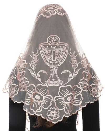 Bozidol Mantilla para Iglesia Católica, Velo Triangular con Cáliz y Flores Bordadas, Velos de Capilla para Misa Latina, Cobertura para la Cabeza para Mujeres