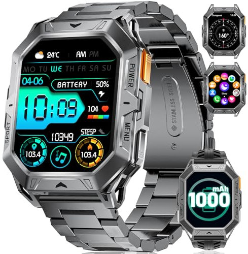 Smartwatch Herren Militär,2.13 AMOLED,1000mAh Akku,Barometerdruck/ Höhenmesser/Kompass,Smart Watch mit Telefonfunktion,100+ Sportmodi,24/7 Herzfrequenz,Schlafmonitor,10ATM Wasserdicht für Android iOS